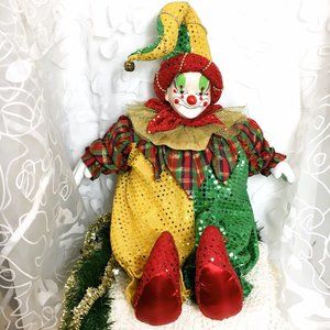 JESTER CHRISTMAS CLOWN 17"  Doll Decoration Doorstop Display Vtg